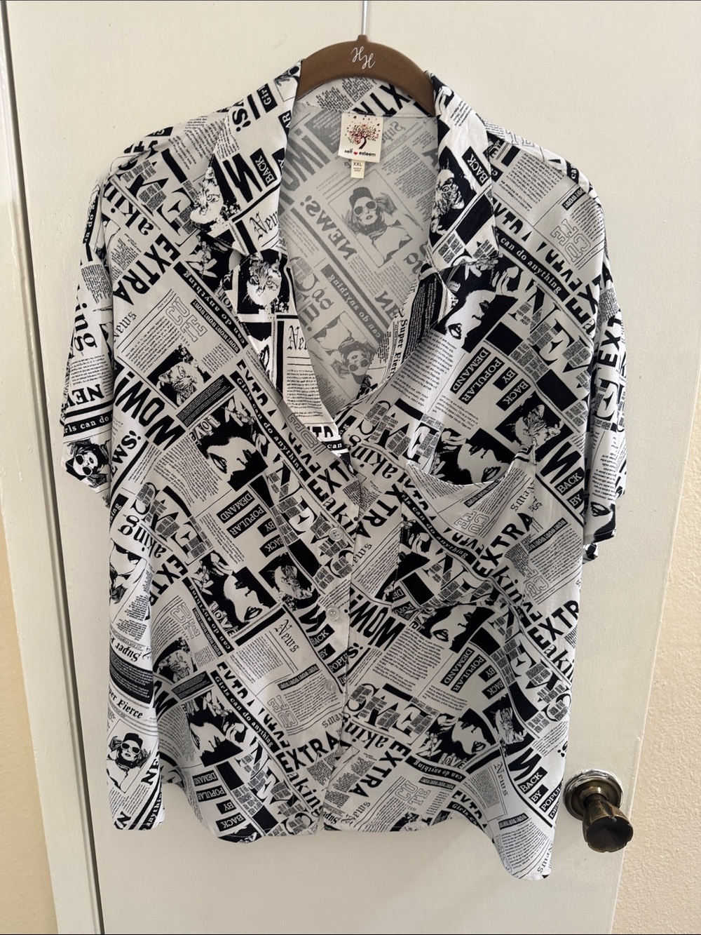 Self Esteem Black & White Newspaper Print Casual Button-Down Shirt